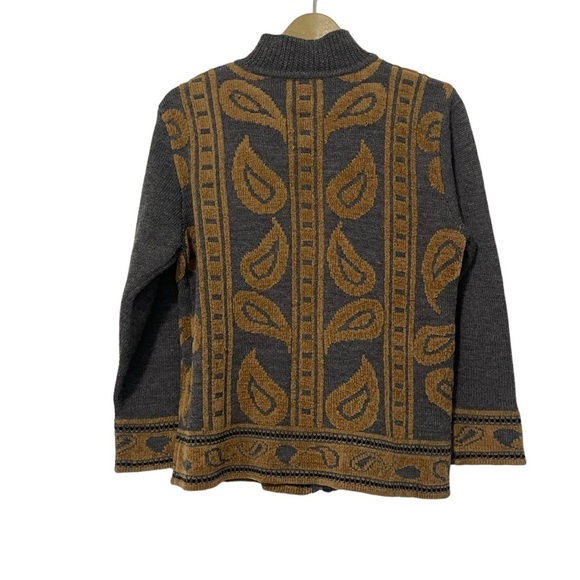Pendleton Gray Gold Paisley Wool Blend Knit Full Zip Sweater Cardigan Medium - Picture 2 of 5